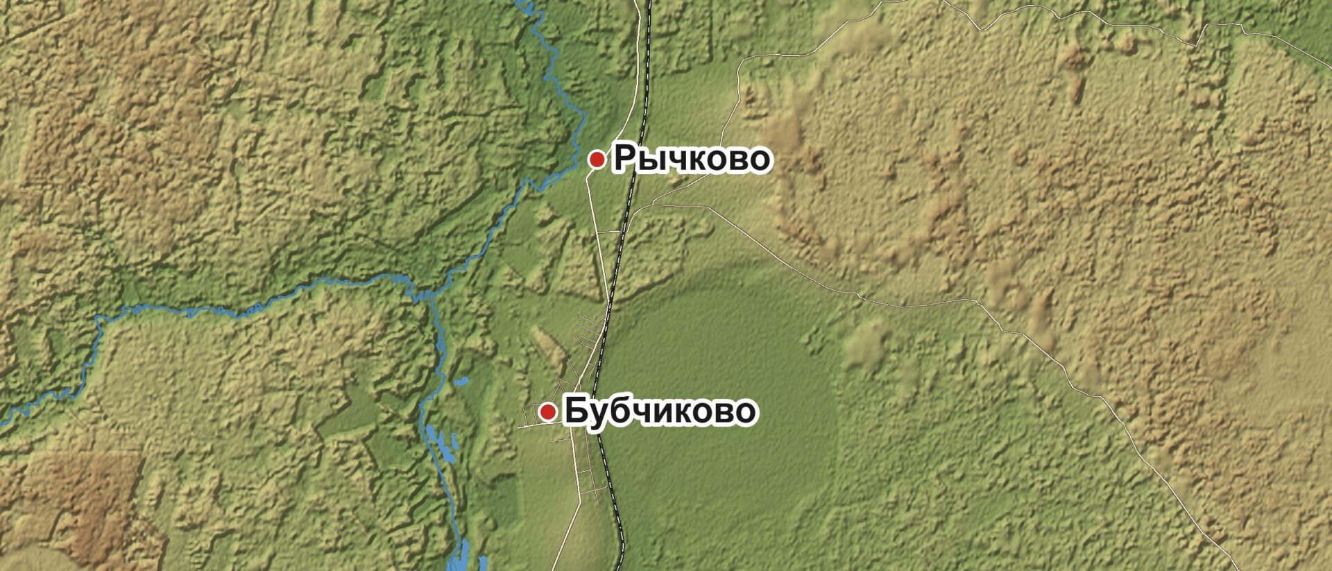 Рельеф вокруг Рычково и Бубчиково с рекой, дорогами и железной дорогой
