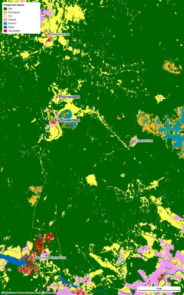 Карта покрытия: лес, луга, пашни, болота и вода района
